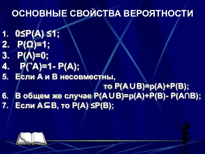 ОСНОВНЫЕ СВОЙСТВА ВЕРОЯТНОСТИ 1. 0≤P(A) ≤1; 2. P(Ω)=1; 3. P(Λ)=0; 4.