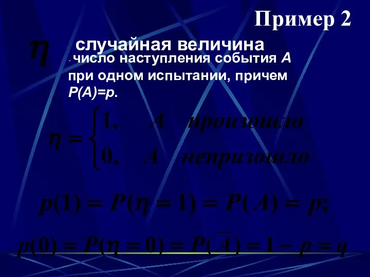 Пример 2 случайная величина - число наступления события A при одном испытании, причем P(A)=p.