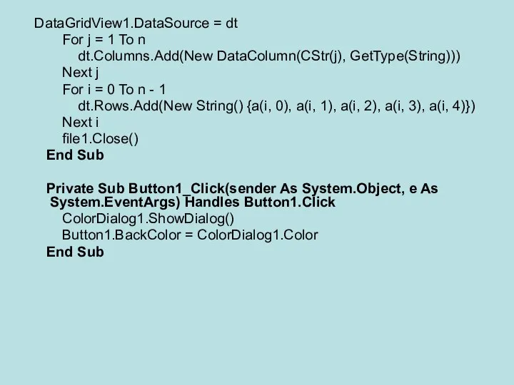 DataGridView1.DataSource = dt For j = 1 To n dt.Columns.Add(New DataColumn(CStr(j),