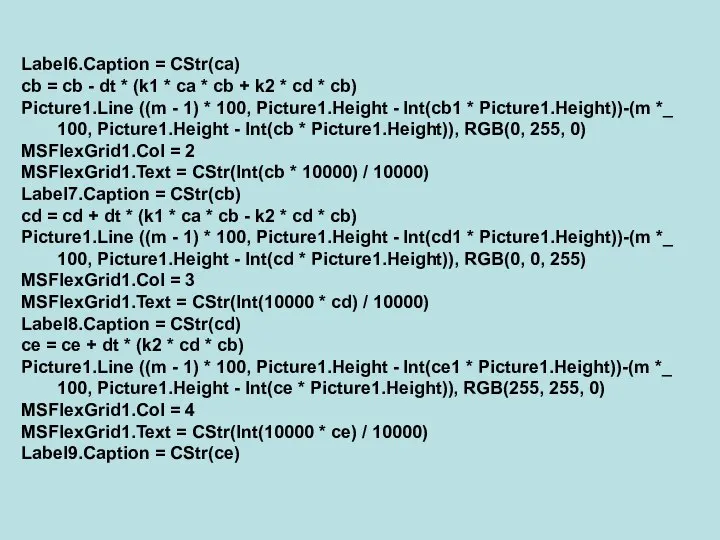 Label6.Caption = CStr(ca) cb = cb - dt * (k1 *