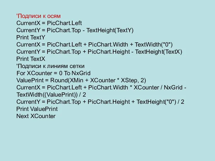 'Подписи к осям CurrentX = PicChart.Left CurrentY = PicChart.Top - TextHeight(TextY)