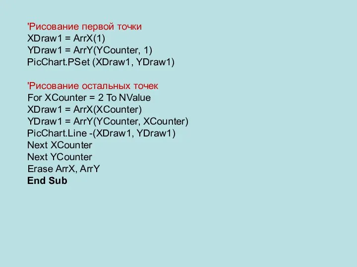 'Рисование первой точки XDraw1 = ArrX(1) YDraw1 = ArrY(YCounter, 1) PicChart.PSet