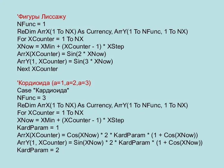 'Фигуры Лиссажу NFunc = 1 ReDim ArrX(1 To NX) As Currency,