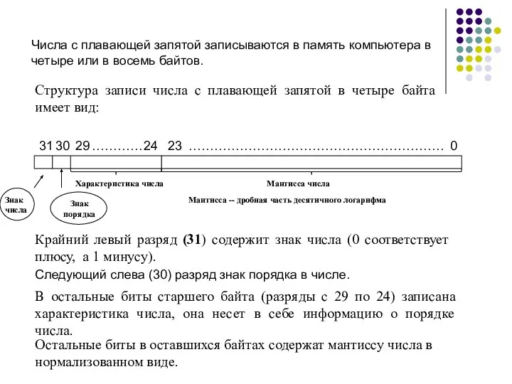 Числа с плавающей запятой записываются в память компьютера в четыре или