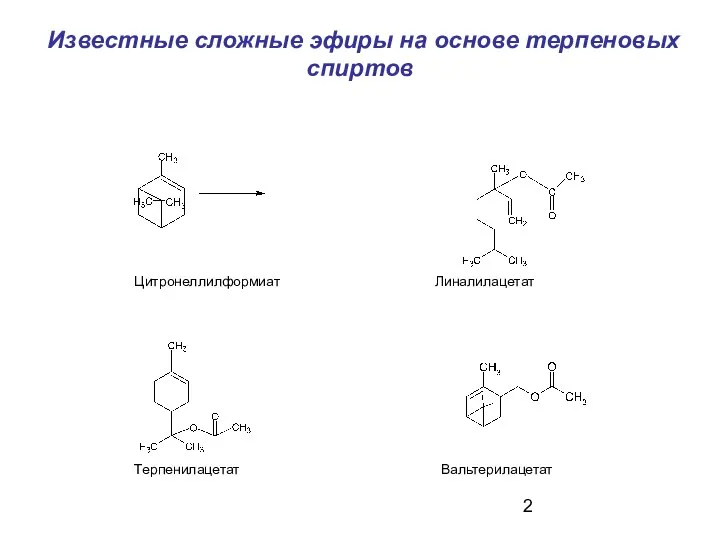 Известные сложные эфиры на основе терпеновых спиртов Цитронеллилформиат Линалилацетат Терпенилацетат Вальтерилацетат