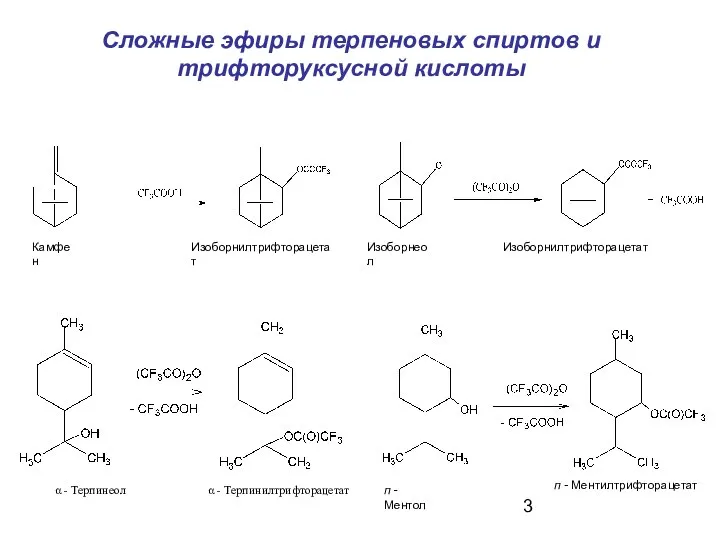 Сложные эфиры терпеновых спиртов и трифторуксусной кислоты Камфен Изоборнилтрифторацетат Изоборнеол Изоборнилтрифторацетат