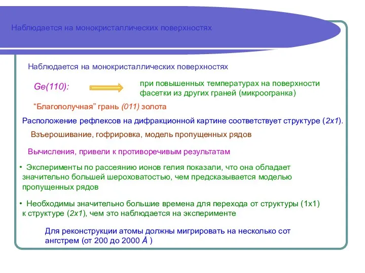 Наблюдается на монокристаллических поверхностях Наблюдается на монокристаллических поверхностях при повышенных температурах