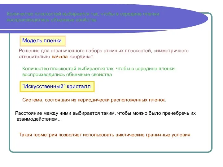 Количество плоскостей выбирается так, чтобы в середине пленки воспроизводились объемные свойства