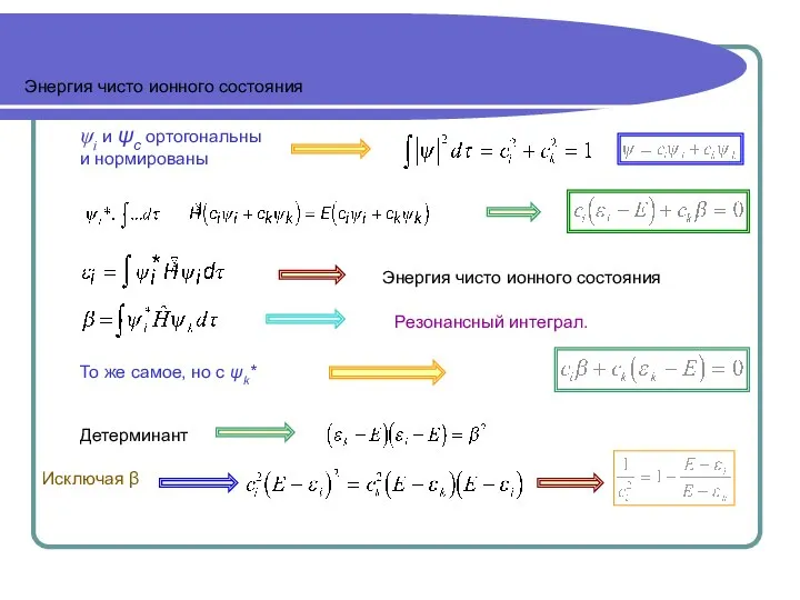 Энергия чисто ионного состояния Энергия чисто ионного состояния Детерминант ψi и