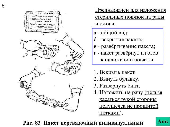 Рис. 83 Пакет перевязочный индивидуальный а - общий вид; б -