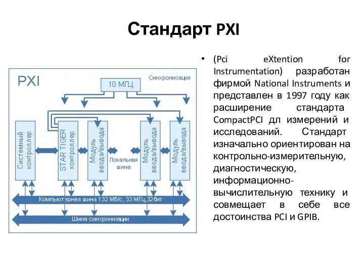 Стандарт PXI (Pci eXtention for Instrumentation) разработан фирмой National Instruments и