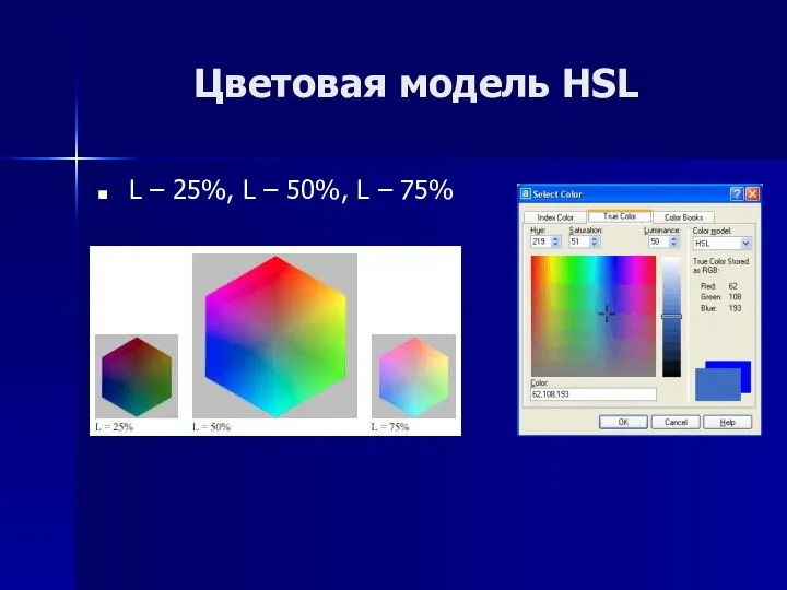 Цветовая модель HSL L – 25%, L – 50%, L – 75%
