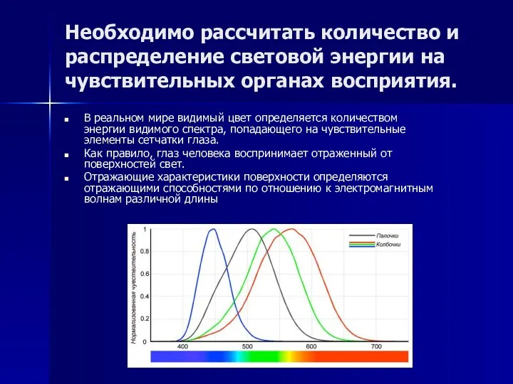 Необходимо рассчитать количество и распределение световой энергии на чувствительных органах восприятия.