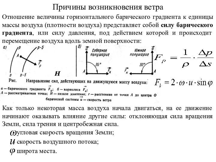 Причины возникновения ветра Отношение величины горизонтального барического градиента к единицы массы