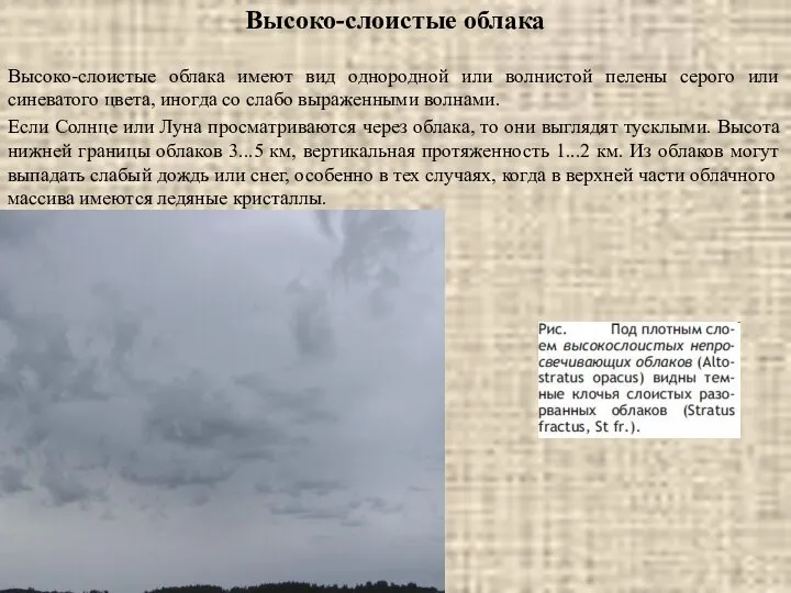 Высоко-слоистые облака Высоко-слоистые облака имеют вид однородной или волнистой пелены серого