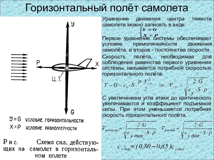 Горизонтальный полёт самолета Уравнение движения центра тяжести самолета можно записать в