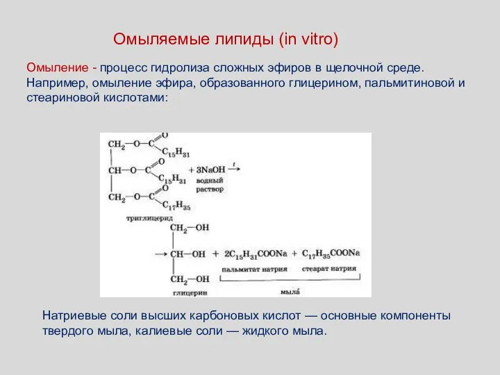 Омыление - процесс гидролиза сложных эфиров в щелочной среде. Например, омыление