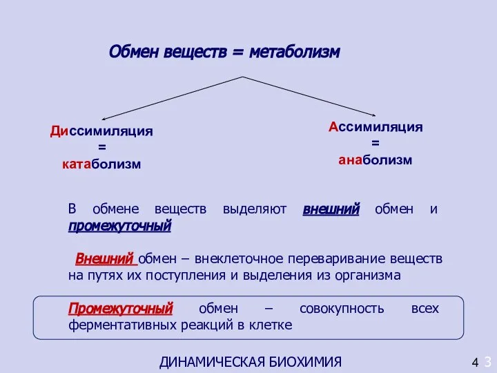 Обмен веществ = метаболизм 3 ДИНАМИЧЕСКАЯ БИОХИМИЯ 4 Диссимиляция = катаболизм