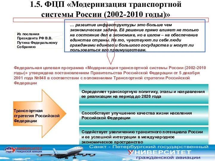 Федеральная целевая программа «Модернизация транспортной системы России (2002-2010 годы)» утверждена постановлением