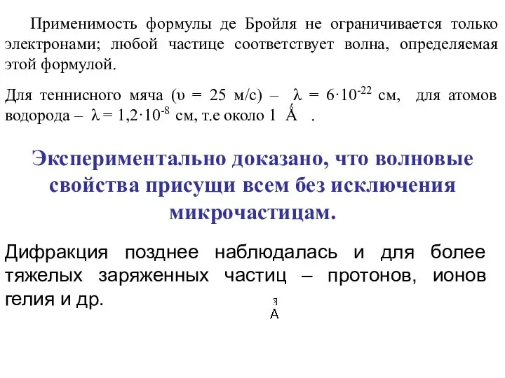 Применимость формулы де Бройля не ограничивается только электронами; любой частице соответствует