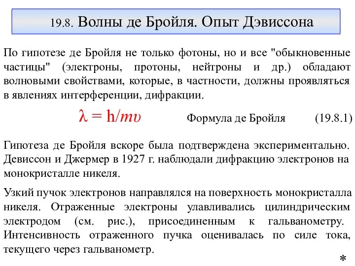 19.8. Волны де Бройля. Опыт Дэвиссона По гипотезе де Бройля не