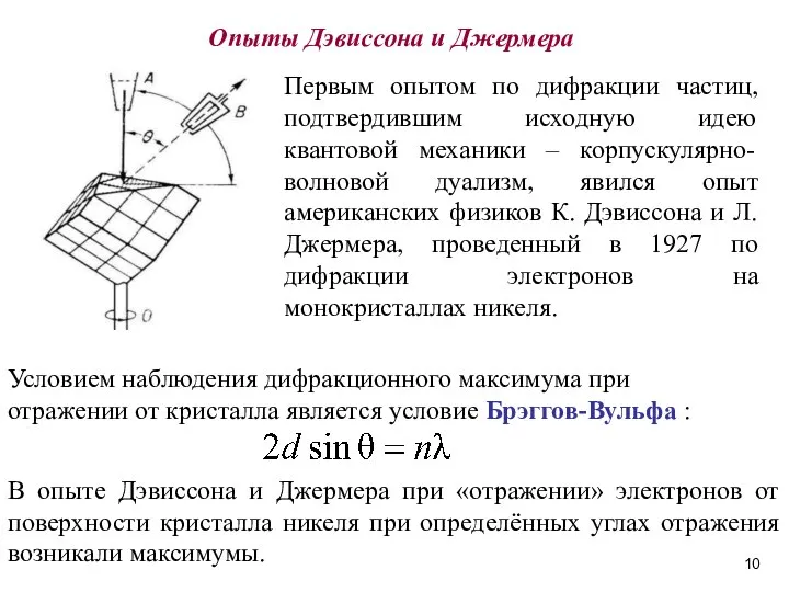 Опыты Дэвиссона и Джермера Первым опытом по дифракции частиц, подтвердившим исходную