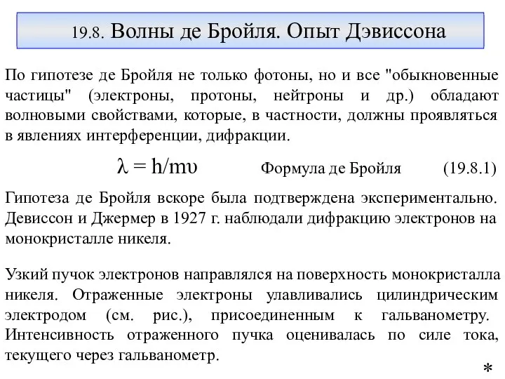 19.8. Волны де Бройля. Опыт Дэвиссона По гипотезе де Бройля не