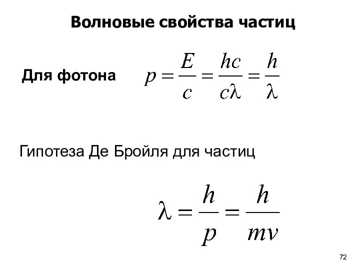 Для фотона Гипотеза Де Бройля для частиц Волновые свойства частиц