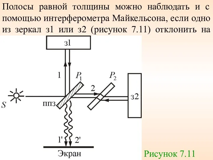 Полосы равной толщины можно наблюдать и с помощью интерферометра Майкельсона, если