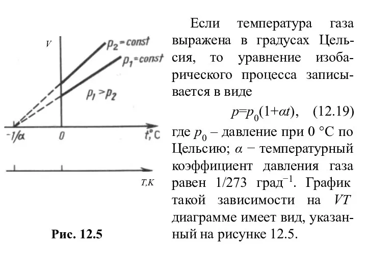 Если температура газа выражена в градусах Цель-сия, то уравнение изоба-рического процесса