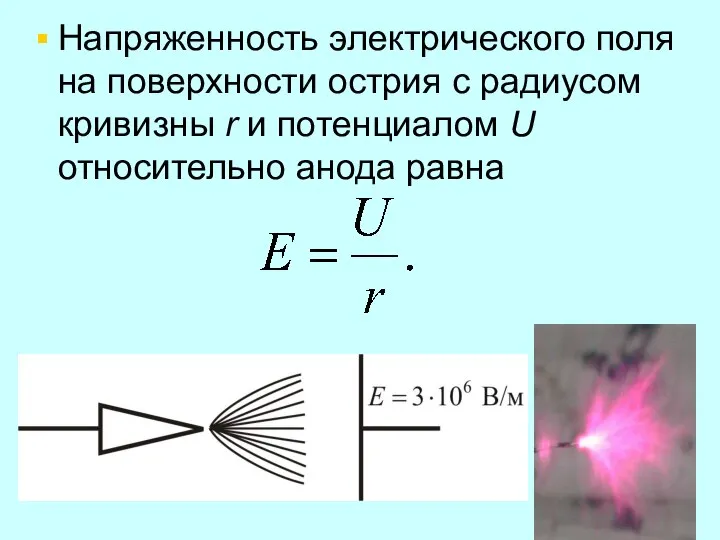 Напряженность электрического поля на поверхности острия с радиусом кривизны r и потенциалом U относительно анода равна