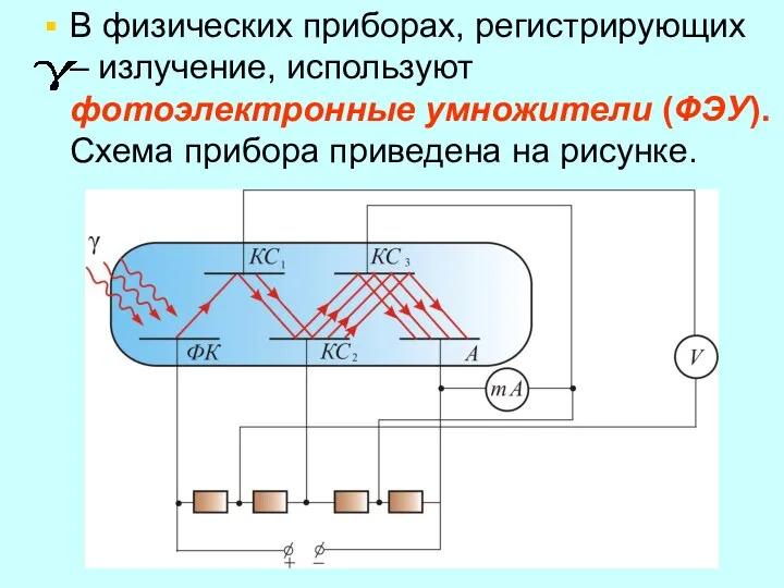 В физических приборах, регистрирующих – излучение, используют фотоэлектронные умножители (ФЭУ). Схема прибора приведена на рисунке.