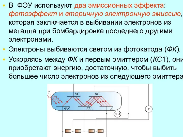 В ФЭУ используют два эмиссионных эффекта: фотоэффект и вторичную электронную эмиссию,