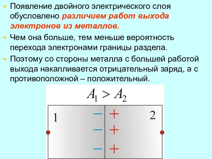 Появление двойного электрического слоя обусловлено различием работ выхода электронов из металлов.