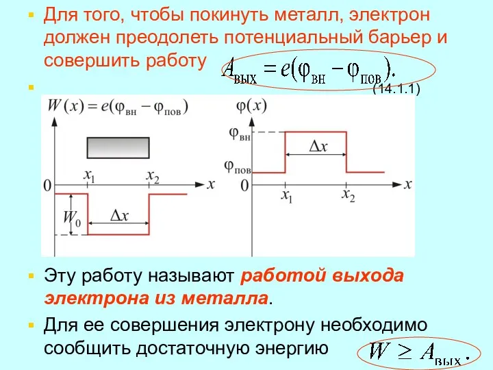 Для того, чтобы покинуть металл, электрон должен преодолеть потенциальный барьер и