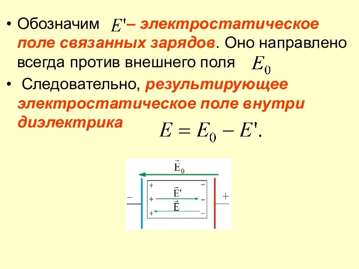 Обозначим – электростатическое поле связанных зарядов. Оно направлено всегда против внешнего