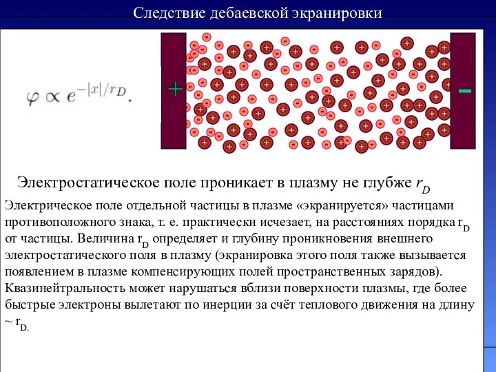 Следствие дебаевской экранировки Электростатическое поле проникает в плазму не глубже rD