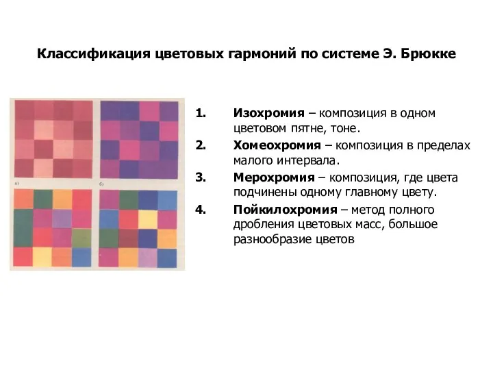 Классификация цветовых гармоний по системе Э. Брюкке Изохромия – композиция в