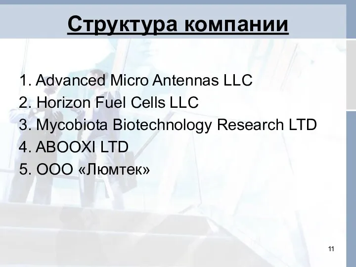 Структура компании 1. Advanced Micro Antennas LLC 2. Horizon Fuel Cells