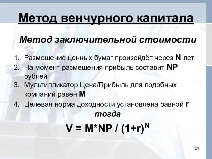 Метод венчурного капитала Метод заключительной стоимости Размещение ценных бумаг произойдёт через