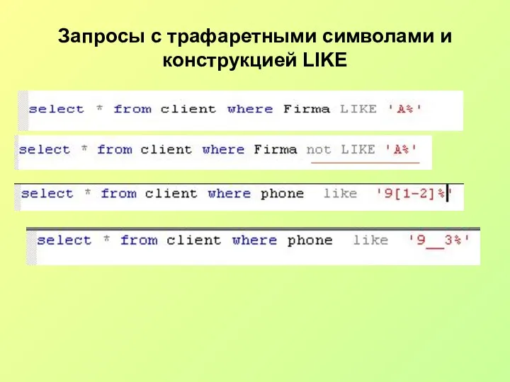 Запросы с трафаретными символами и конструкцией LIKE