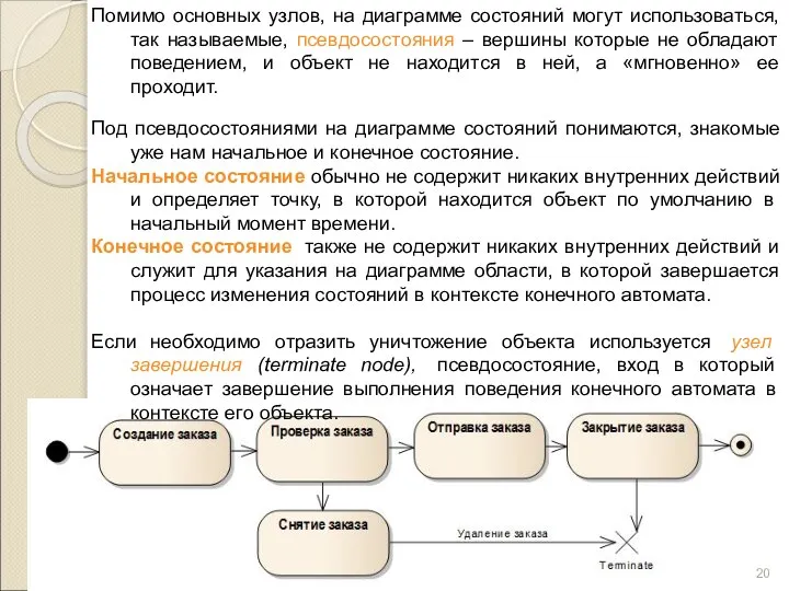 Помимо основных узлов, на диаграмме состояний могут использоваться, так называемые, псевдосостояния