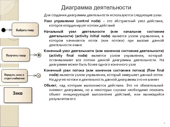 Диаграмма деятельности Для создания диаграммы деятельности используются следующие узлы: Узел управления