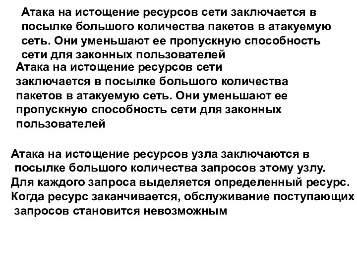 Атака на истощение ресурсов сети заключается в посылке большого количества пакетов