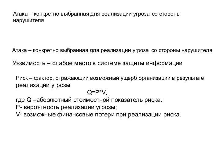 Атака – конкретно выбранная для реализации угроза со стороны нарушителя Атака