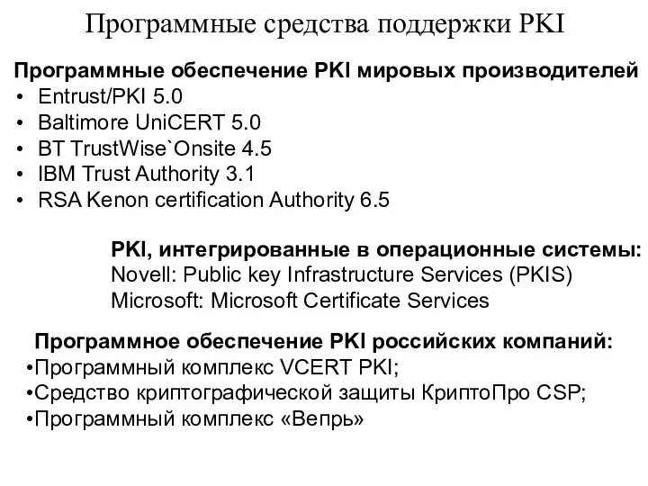 Программные средства поддержки PKI Программные обеспечение PKI мировых производителей Entrust/PKI 5.0