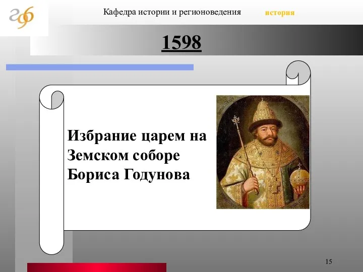 1598 Кафедра истории и регионоведения история Избрание царем на Земском соборе Бориса Годунова