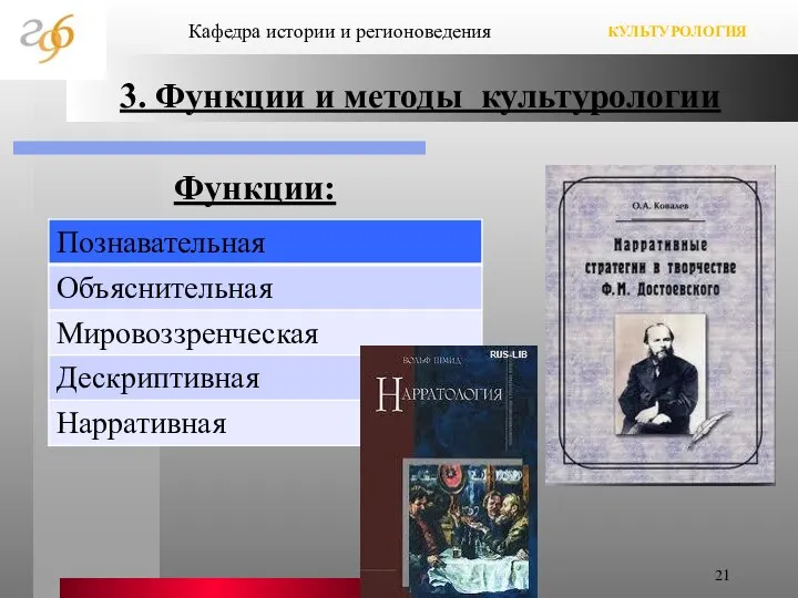 3. Функции и методы культурологии Кафедра истории и регионоведения КУЛЬТУРОЛОГИЯ Функции: