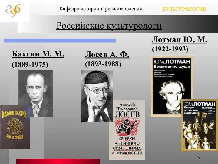 Российские культурологи Бахтин М. М. (1889-1975) Лосев А. Ф. (1893-1988) Лотман