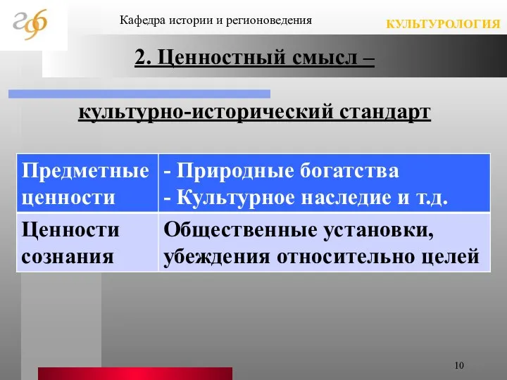 2. Ценностный смысл – культурно-исторический стандарт Кафедра истории и регионоведения КУЛЬТУРОЛОГИЯ